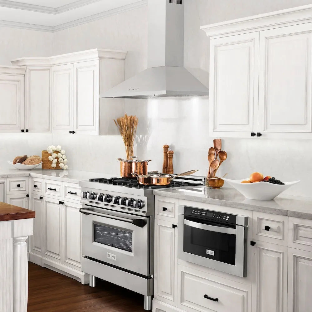 ZLINE 36 in. Convertible Vent Convertible Vent Wall Mount Range Hood in Stainless Steel (KL2-36) in a luxury kitchen.