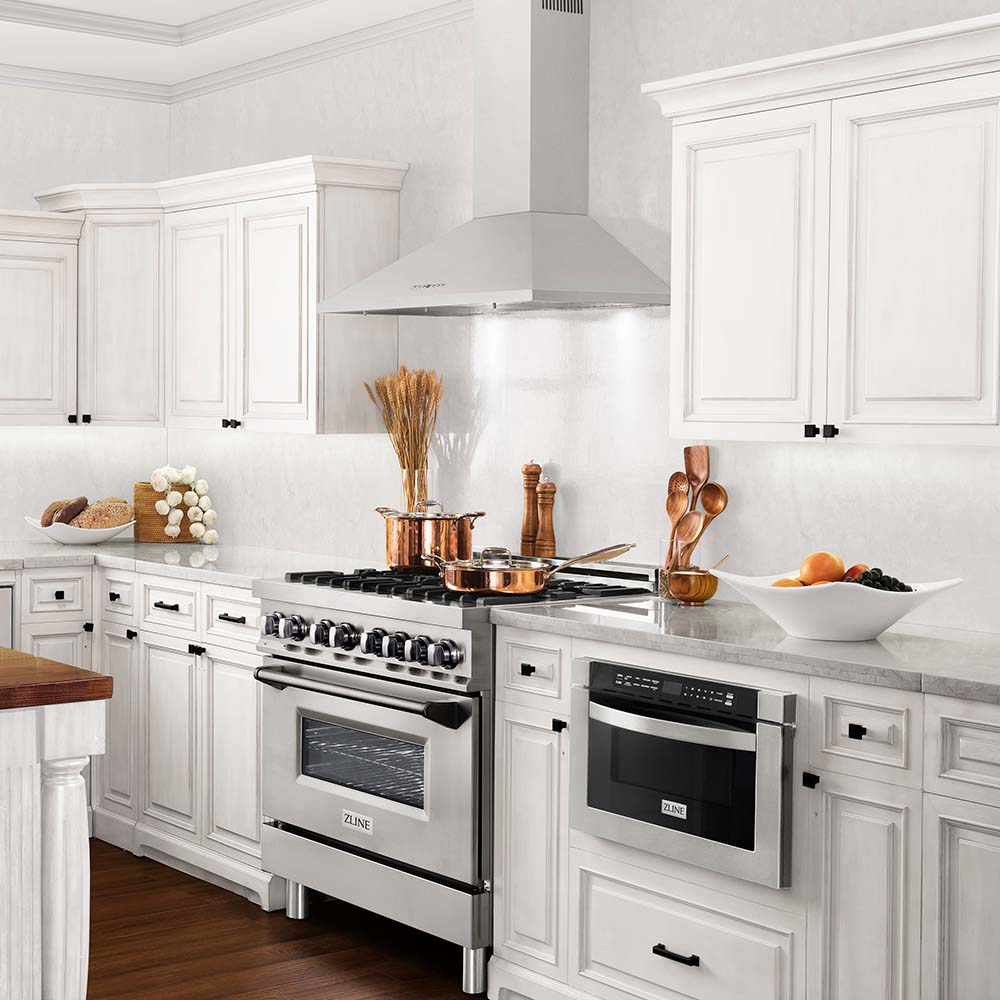ZLINE 48 in. Convertible Vent Convertible Vent Wall Mount Range Hood in Stainless Steel (KL2-48) in a luxury kitchen.