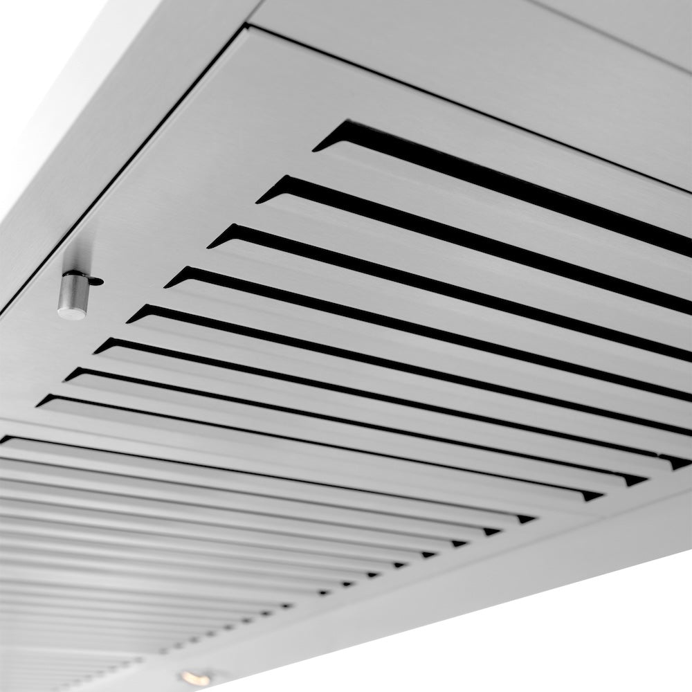 ZLINE 48 in. CrownSound™ Ducted Vent Wall Mount Range Hood in Stainless Steel with Built-in Bluetooth Speakers (KL2CRN-BT-48) stainless steel baffle filters.
