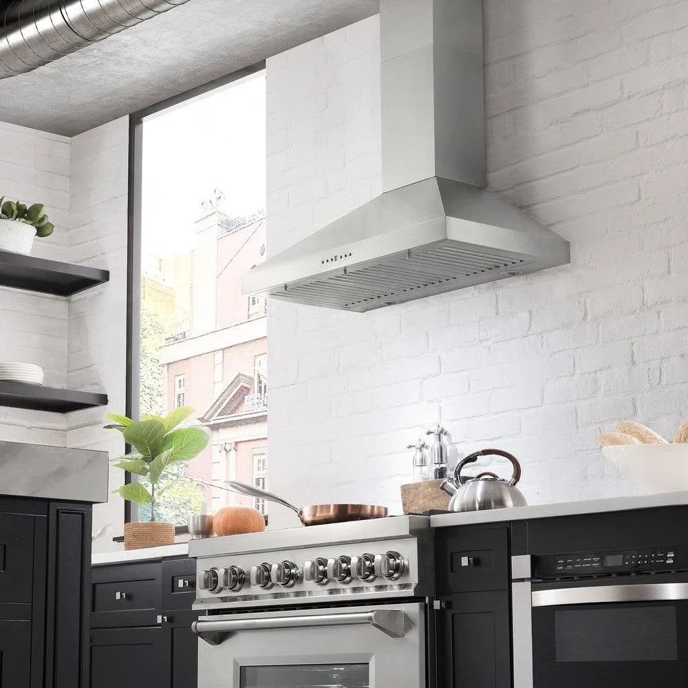 ZLINE 36 in. Convertible Vent Convertible Vent Wall Mount Range Hood in Stainless Steel (KL3-36) in a luxury kitchen.