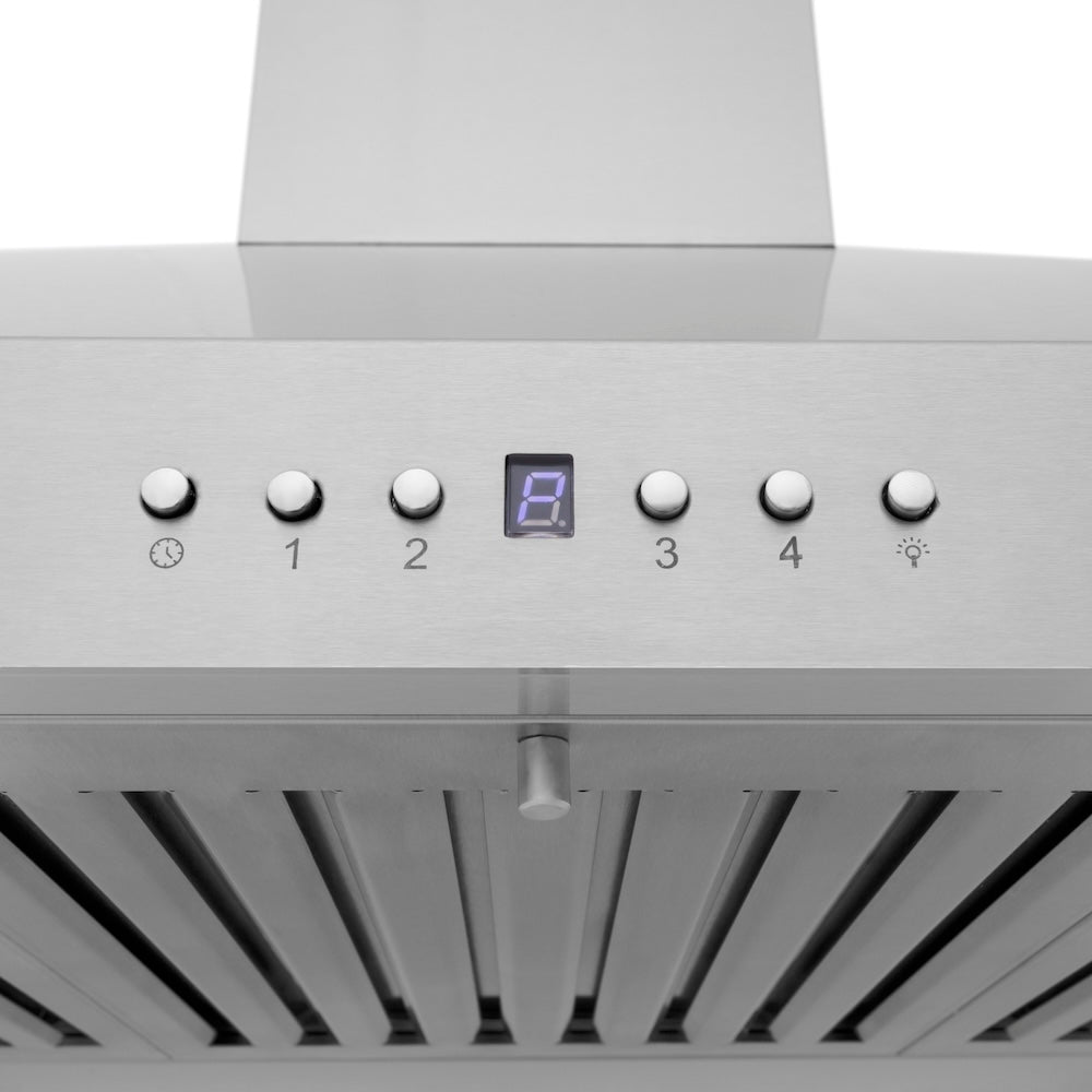 ZLINE 30 in. Convertible Vent Wall Mount Range Hood in Stainless Steel (KL3-30) control panel and digital display on a white background