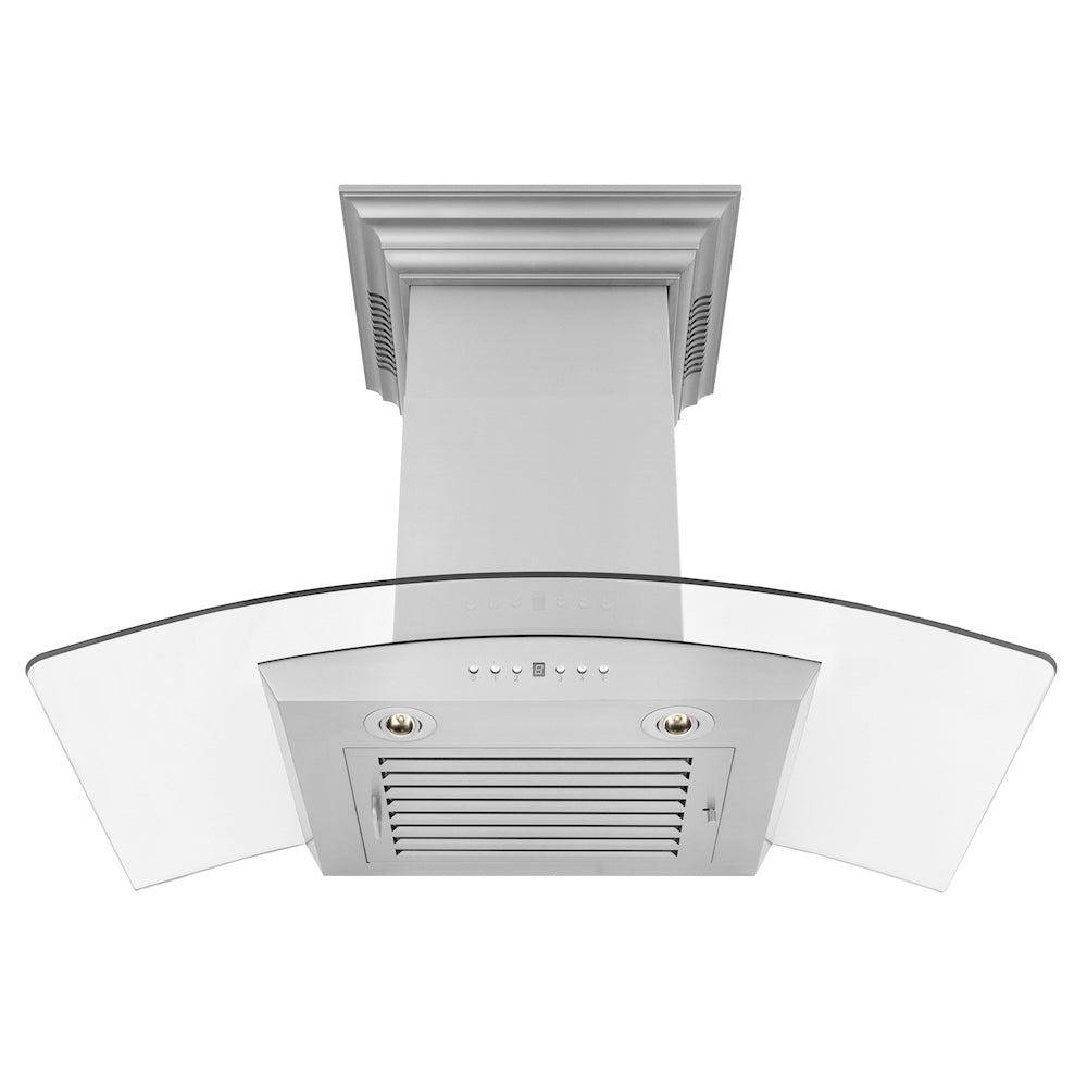 ZLINE 36 in. CrownSound™ Ducted Vent Wall Mount Range Hood in Stainless Steel and Glass with Built-in Bluetooth Speakers (KZCRN-BT-36) front, under.