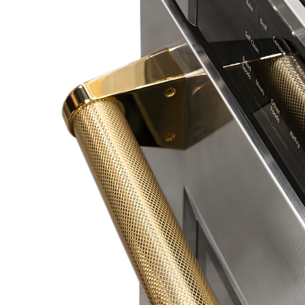 ZLINE Autograph Edition 30 in. Professional True Convection Single Wall Oven with Air Fry and Self Clean in Stainless Steel with Polished Gold Helix Handle (WASZ-30-KG) Helix handle close-up showing knurled diamond texture.