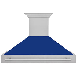 ZLINE 48 in. Satin Stainless Steel Wall Mount Range Hood with Blue Gloss Shell and Stainless Steel Handle (8654SNX-BG48) front.