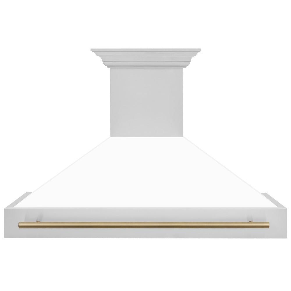 ZLINE Autograph Edition 48 in. Stainless Steel Range Hood with White Matte Shell and Champagne Bronze Handle (8654STZ-WM48-CB) front.