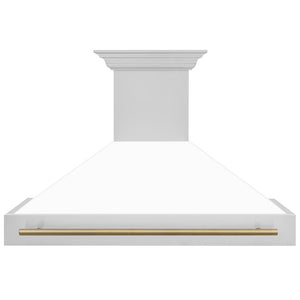 ZLINE Autograph Edition 48 in. Stainless Steel Range Hood with White Matte Shell and Champagne Bronze Handle (8654STZ-WM48-CB) front.