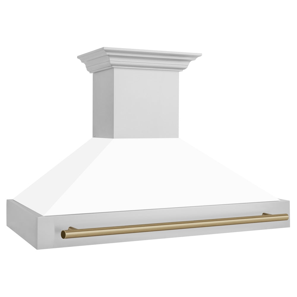 ZLINE Autograph Edition 48 in. Stainless Steel Range Hood with White Matte Shell and Champagne Bronze Handle (8654STZ-WM48-CB) side.
