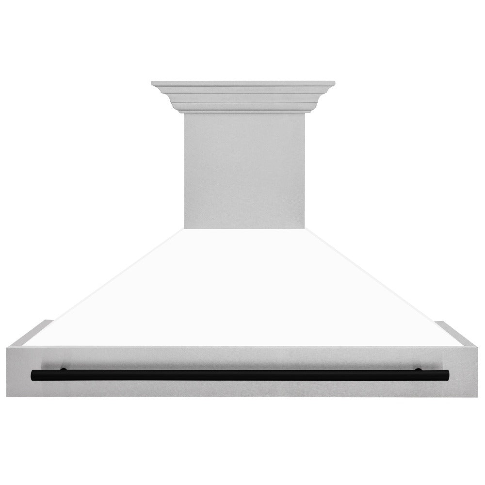 ZLINE Autograph Edition 48 in. Satin Stainless Steel Wall Mount Range Hood with White Matte Shell and Matte Black Handle (8654SNZ-WM48-MB) front.
