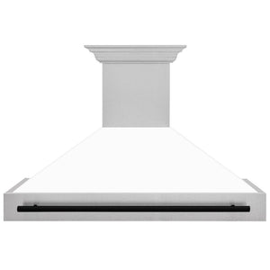 ZLINE Autograph Edition 48 in. Satin Stainless Steel Wall Mount Range Hood with White Matte Shell and Matte Black Handle (8654SNZ-WM48-MB) front.