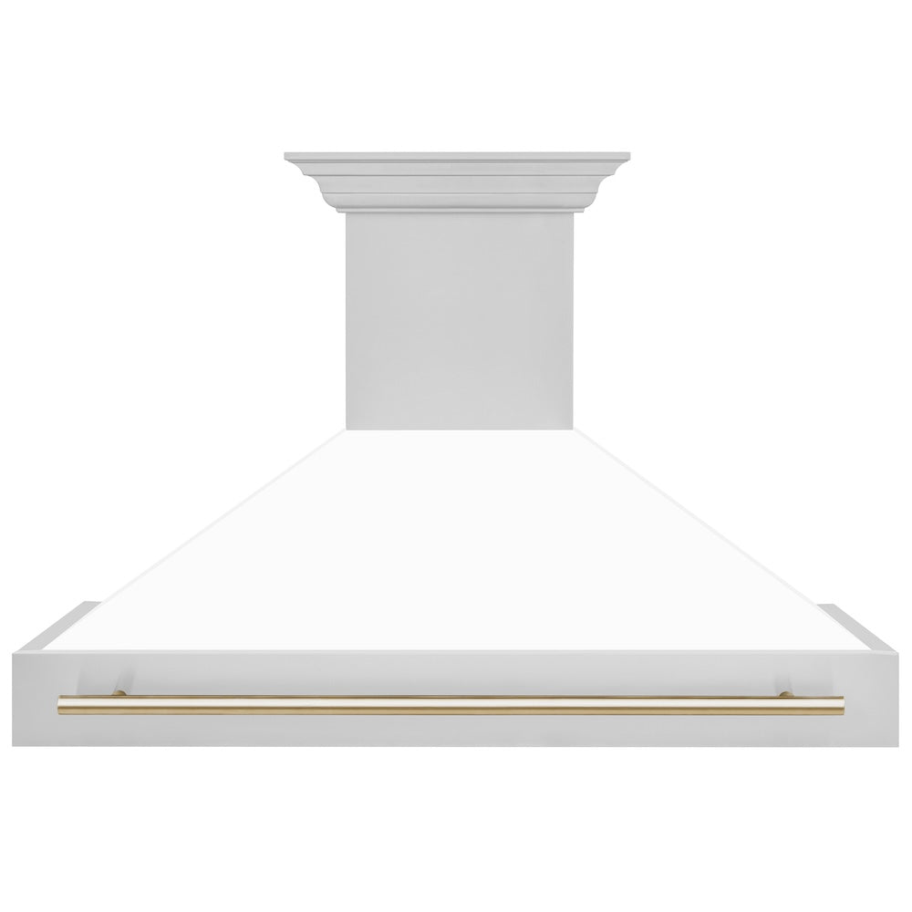 ZLINE Autograph Edition 48 in. Stainless Steel Range Hood with White Matte Shell and Polished Gold Handle (8654STZ-WM48-G) front.