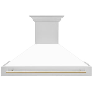 ZLINE Autograph Edition 48 in. Stainless Steel Range Hood with White Matte Shell and Polished Gold Handle (8654STZ-WM48-G) front.