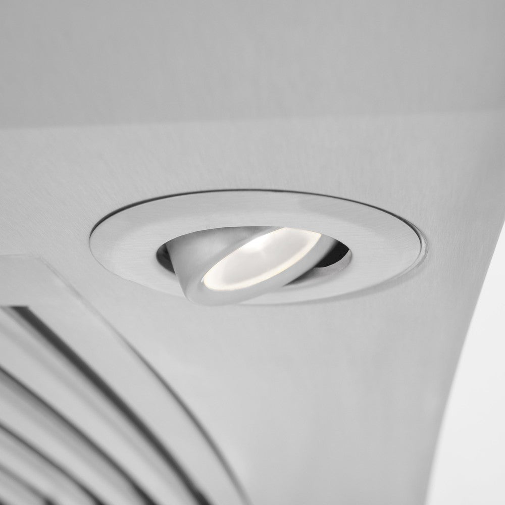 ZLINE 48 in. CrownSound™ Ducted Vent Wall Mount Range Hood in Stainless Steel with Built-in Bluetooth Speakers (KN4CRN-BT-48) built-in lighting.