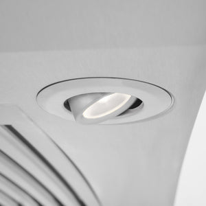 ZLINE 48 in. CrownSound™ Ducted Vent Wall Mount Range Hood in Stainless Steel with Built-in Bluetooth Speakers (KN4CRN-BT-48) built-in lighting.