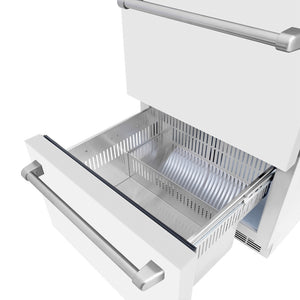 ZLINE 24 in. Touchstone 168 Can Outdoor-Rated Dual Refrigerator Drawer with White Matte Doors (RDSO-WM-24) detail, bottom drawer open and empty.