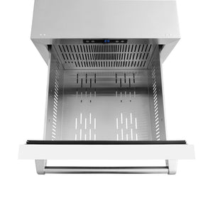 ZLINE 24 in. Touchstone 168 Can Outdoor-Rated Dual Refrigerator Drawer with White Matte Doors (RDSO-WM-24) above, drawer open, with drawer divider removed.