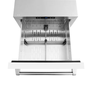 ZLINE 24 in. Touchstone 168 Can Outdoor-Rated Dual Refrigerator Drawer with White Matte Doors (RDSO-WM-24) above, drawer open, with drawer divider installed.