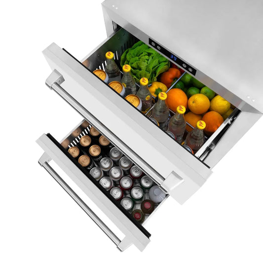 Two open drawers of a ZLINE 24 in. Touchstone 168 Can Outdoor-Rated Dual Refrigerator Drawer with White Matte Doors (RDSO-WM-24) with drinks and fruits.