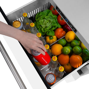 ZLINE 24 in. Touchstone 168 Can Outdoor-Rated Dual Refrigerator Drawer with White Matte Doors (RDSO-WM-24) close-up detail, reaching for a canned beverage in top drawer.