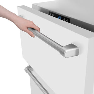 ZLINE 24 in. Touchstone 168 Can Outdoor-Rated Dual Refrigerator Drawer with White Matte Doors (RDSO-WM-24) detail, opening the upper drawer.