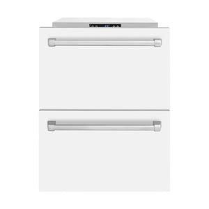 ZLINE 24 in. Touchstone 168 Can Outdoor-Rated Dual Refrigerator Drawer with White Matte Doors (RDSO-WM-24) front, open.
