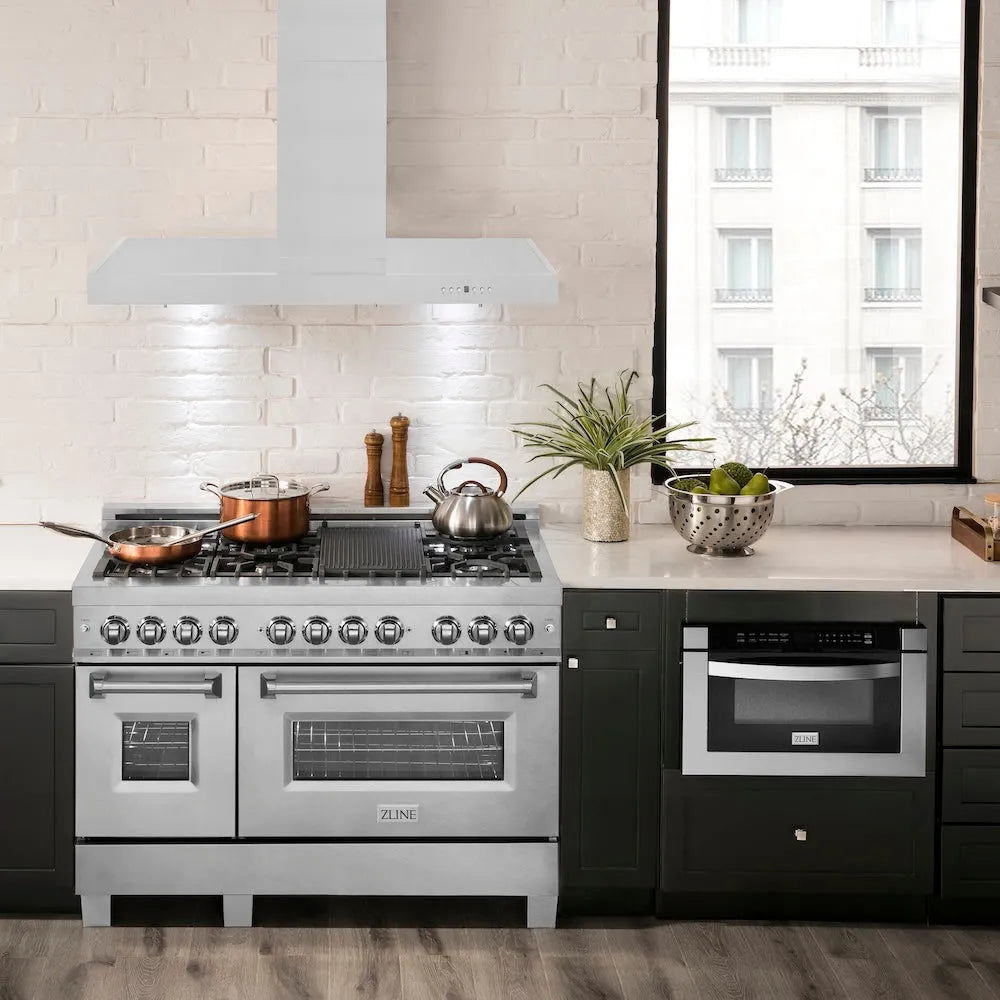 ZLINE 48 in. Convertible Vent Wall Mount Range Hood in Stainless Steel (KE-48) in a luxury kitchen.
