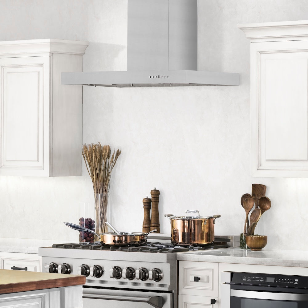 ZLINE 48 in. Convertible Vent Wall Mount Range Hood in Stainless Steel (KE-48) in a luxury kitchen.
