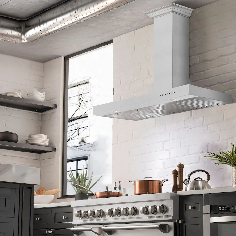 ZLINE 48 in. Convertible Vent Wall Mount Range Hood in Stainless Steel (KE-48) in a luxury kitchen.