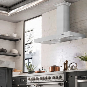 ZLINE 48 in. Convertible Vent Wall Mount Range Hood in Stainless Steel (KE-48) in a luxury kitchen.