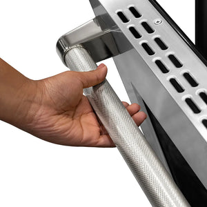 ZLINE Autograph Edition 36 in. 5.2 cu. ft. Paramount Induction Range with 5 Element Cooktop and Electric Convection Oven in Stainless Steel with Polished Nickel Helix Handle and Knob Accents (SINRZ-36-KPN) hand holding polished nickel Helix handle showing knurled diamond texture.