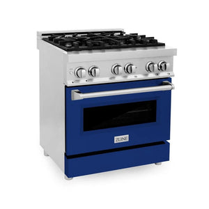 ZLINE 30 in. 4.0 cu. ft. Legacy Dual Fuel Range with 4 Burner Gas Cooktop and Electric Convection Oven in Stainless Steel and Blue Gloss Door (RA-BG-30) main image.