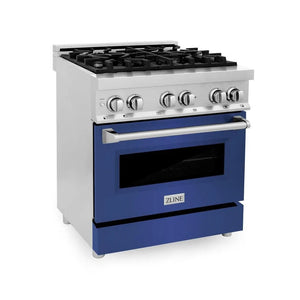 ZLINE 30 in. 4.0 cu. ft. Legacy Dual Fuel Range with 4 Burner Gas Cooktop and Electric Convection Oven in Stainless Steel and Blue Matte Door (RA-BM-30) main image.