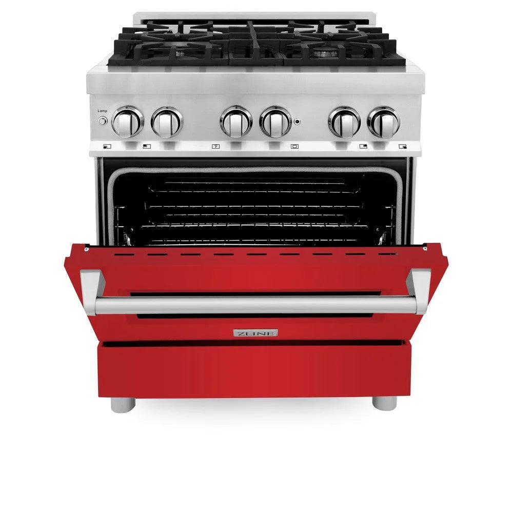 ZLINE 30 in. 4.0 cu. ft. Legacy Dual Fuel Range with 4 Burner Gas Cooktop and Electric Convection Oven in Stainless Steel and Red Matte Door (RA-RM-30) front, oven half open.
