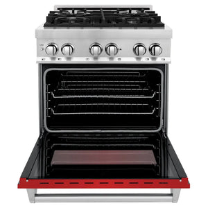 ZLINE 30 in. 4.0 cu. ft. Legacy Dual Fuel Range with 4 Burner Gas Cooktop and Electric Convection Oven in Stainless Steel and Red Matte Door (RA-RM-30) front, open.
