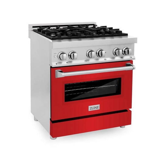 ZLINE 30 in. 4.0 cu. ft. Legacy Dual Fuel Range with 4 Burner Gas Cooktop and Electric Convection Oven in Stainless Steel and Red Matte Door (RA-RM-30) main image.