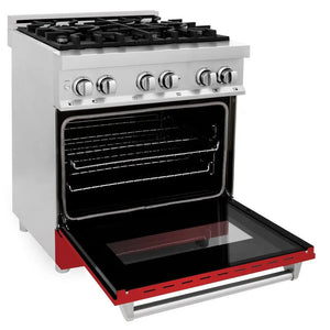 ZLINE 30 in. 4.0 cu. ft. Legacy Dual Fuel Range with 4 Burner Gas Cooktop and Electric Convection Oven in Stainless Steel and Red Matte Door (RA-RM-30) side, oven open.
