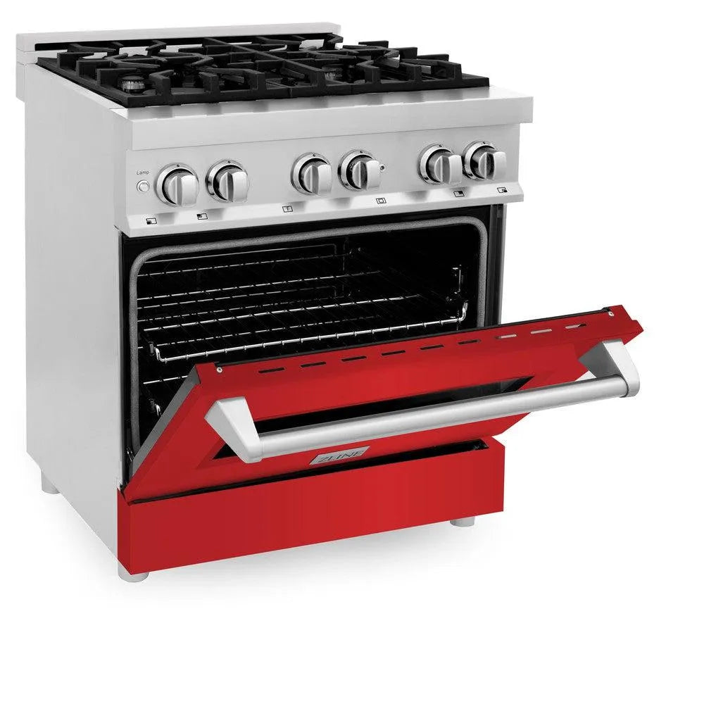 ZLINE 30 in. 4.0 cu. ft. Legacy Dual Fuel Range with 4 Burner Gas Cooktop and Electric Convection Oven in Stainless Steel and Red Matte Door (RA-RM-30) side, oven half open.