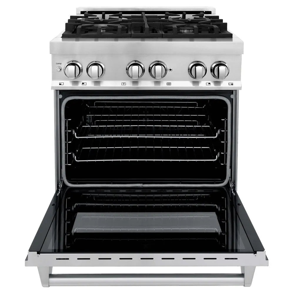 ZLINE 30 in. 4.0 cu. ft. Legacy Dual Fuel Range with 4 Burner Gas Cooktop and Electric Convection Oven in Stainless Steel (RA30) front, open.