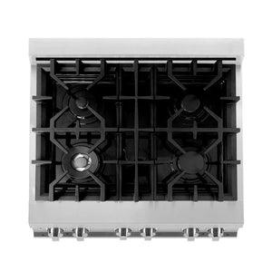 ZLINE 30 in. 4.0 cu. ft. Legacy Dual Fuel Range with 4 Burner Gas Cooktop and Electric Convection Oven in Stainless Steel and Red Matte Door (RA-RM-30) top-down, above cooktop.