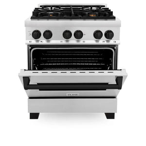 ZLINE Autograph Edition 30 in. 4.0 cu. ft. Legacy Dual Fuel Range with 4 Burner Gas Cooktop and Electric Convection Oven in Stainless Steel and Matte Black Accents (RAZ-30-MB) front, oven half open.