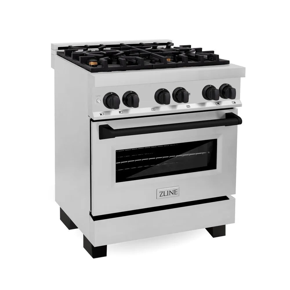 ZLINE Autograph Edition 30 in. 4.0 cu. ft. Legacy Dual Fuel Range with 4 Burner Gas Cooktop and Electric Convection Oven in Stainless Steel and Matte Black Accents (RAZ-30-MB) main image.
