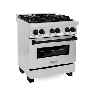 ZLINE Autograph Edition 30 in. 4.0 cu. ft. Legacy Dual Fuel Range with 4 Burner Gas Cooktop and Electric Convection Oven in Stainless Steel and Matte Black Accents (RAZ-30-MB) main image.