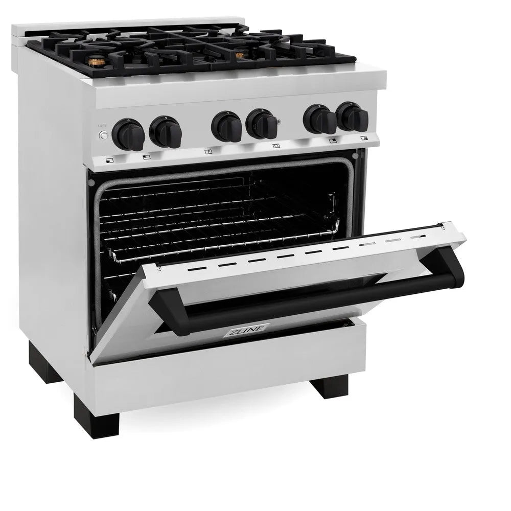 ZLINE Autograph Edition 30 in. 4.0 cu. ft. Legacy Dual Fuel Range with 4 Burner Gas Cooktop and Electric Convection Oven in Stainless Steel and Matte Black Accents (RAZ-30-MB) side, oven half open.