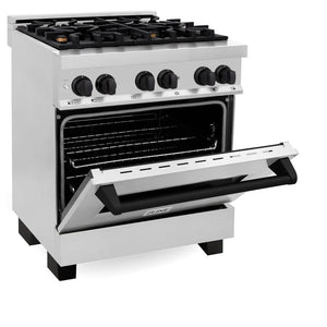 ZLINE Autograph Edition 30 in. 4.0 cu. ft. Legacy Dual Fuel Range with 4 Burner Gas Cooktop and Electric Convection Oven in Stainless Steel and Matte Black Accents (RAZ-30-MB) side, oven half open.