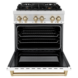 ZLINE Autograph Edition 30 in. 4.0 cu. ft. Legacy Dual Fuel Range with 4 Burner Gas Cooktop and Electric Convection Oven in Stainless Steel with White Matte Door and Polished Gold Accents (RAZ-WM-30-G) front, oven open.