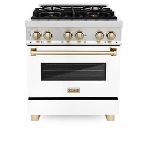 ZLINE Autograph Edition 30 in. 4.0 cu. ft. Legacy Dual Fuel Range with 4 Burner Gas Cooktop and Electric Convection Oven in Stainless Steel with White Matte Door and Polished Gold Accents (RAZ-WM-30-G) front, oven closed.