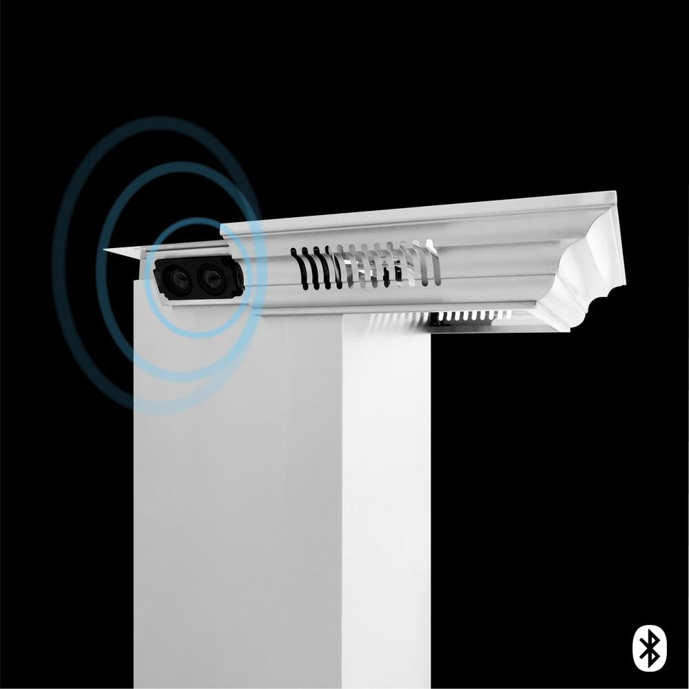 ZLINE 36 in. CrownSound™ Ducted Vent Wall Mount Range Hood in Stainless Steel with Built-in Bluetooth Speakers (667CRN-BT-36) speaker location with Bluetooth logo.
