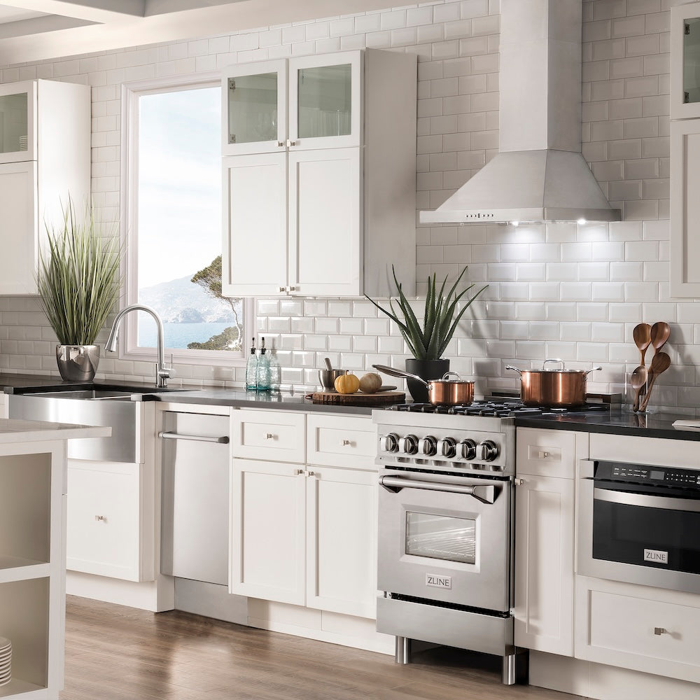 ZLINE 24 in. Convertible Vent Wall Mount Range Hood in Stainless Steel (KB-24) in a luxury kitchen.