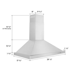 ZLINE 30 in. Convertible Vent Wall Mount Range Hood in Stainless Steel (KB-30) dimensional diagram with measurements.