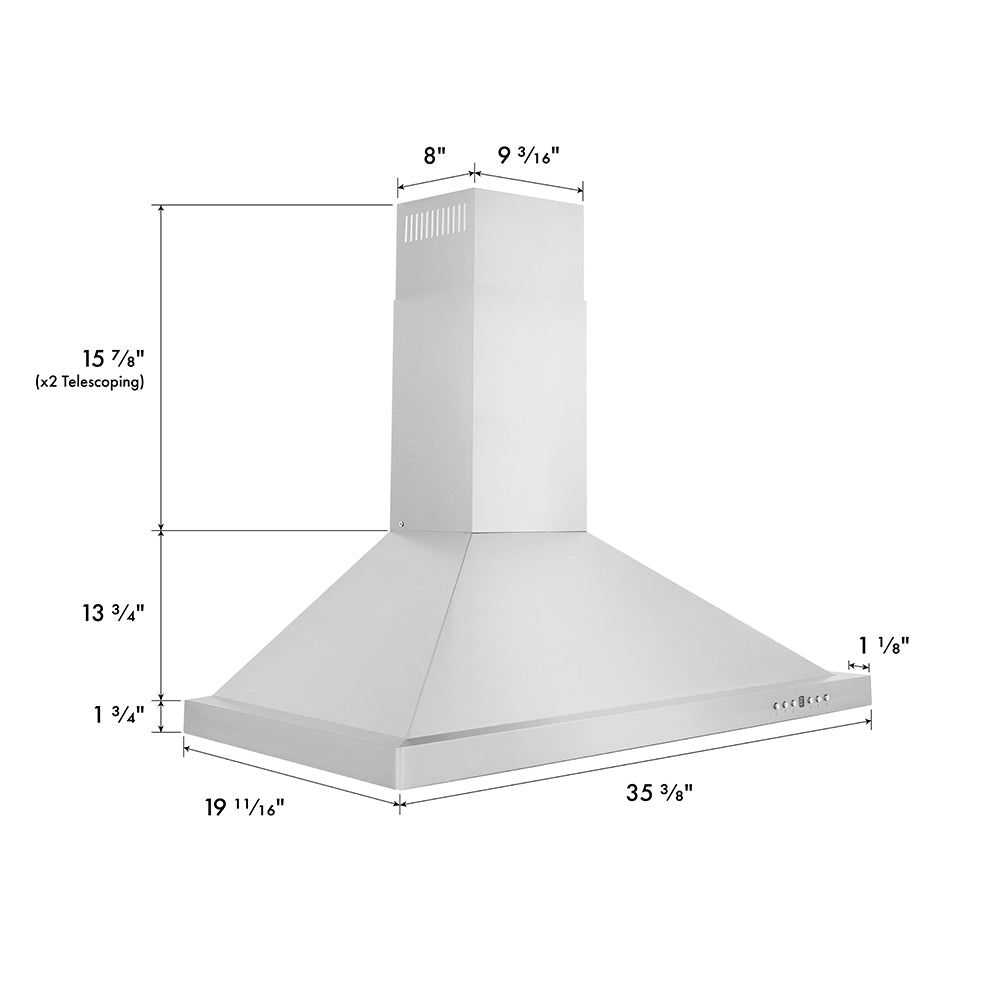 ZLINE 36 in. Convertible Vent Wall Mount Range Hood in Stainless Steel (KB-36) dimensional diagram with measurements.
