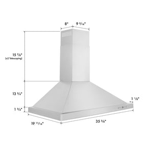 ZLINE 36 in. Convertible Vent Wall Mount Range Hood in Stainless Steel (KB-36) dimensional diagram with measurements.